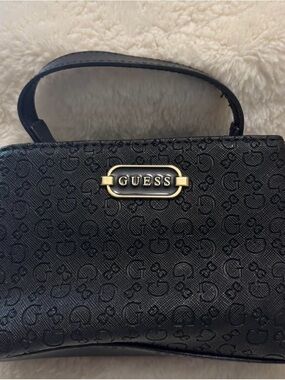 GUESS Black Embossed Logo Top-Handle Satchel with Gold Plaque